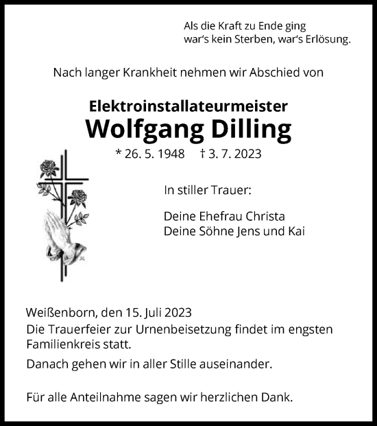 Traueranzeige von Wolfgang Dilling von WRS