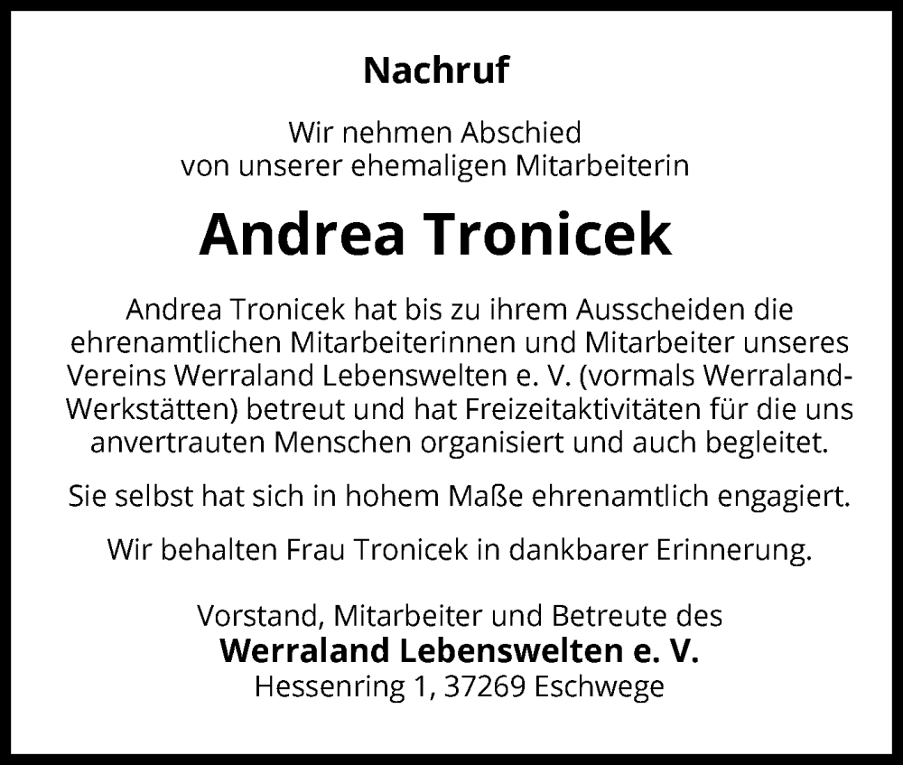  Traueranzeige für Andrea Tronicek vom 12.08.2023 aus WRS