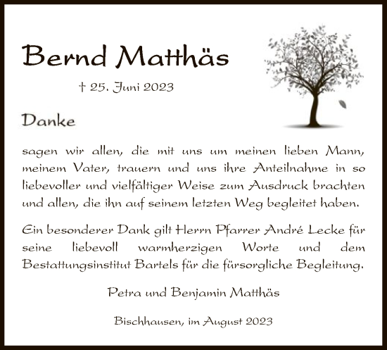 Traueranzeige von Bernd Matthäs von WRS