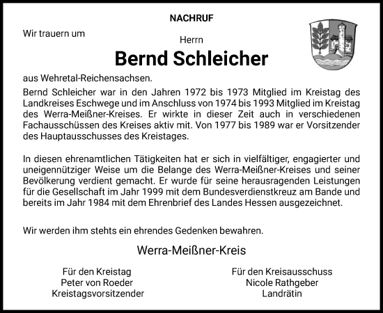 Traueranzeige von Bernd Schleicher von WRSHNA