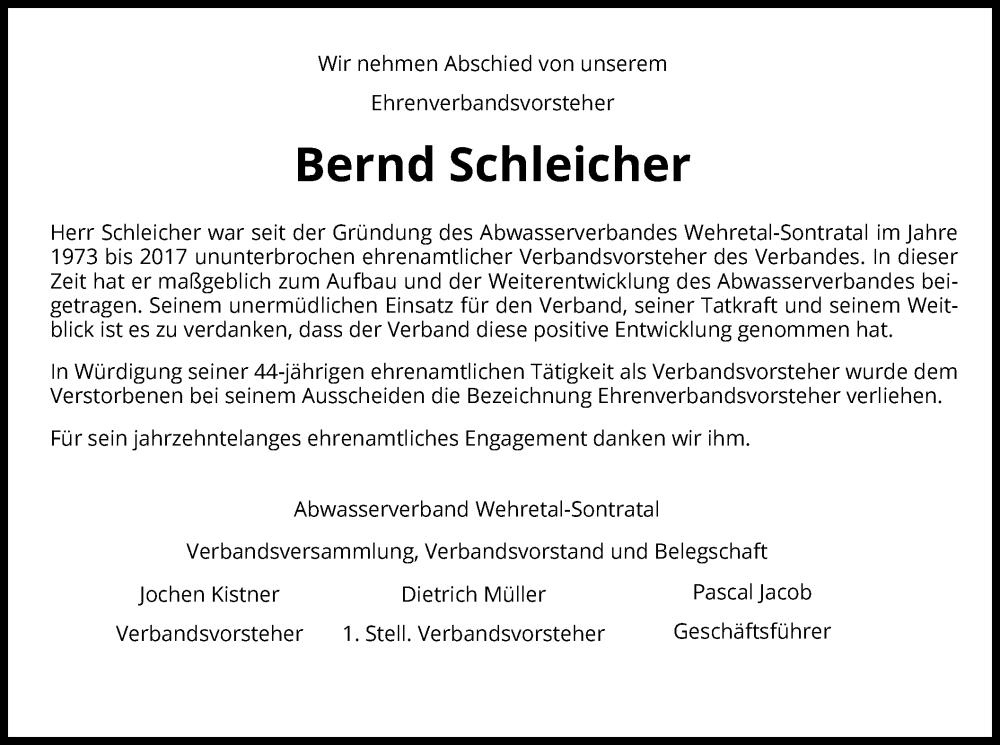  Traueranzeige für Bernd Schleicher vom 19.08.2023 aus WRS