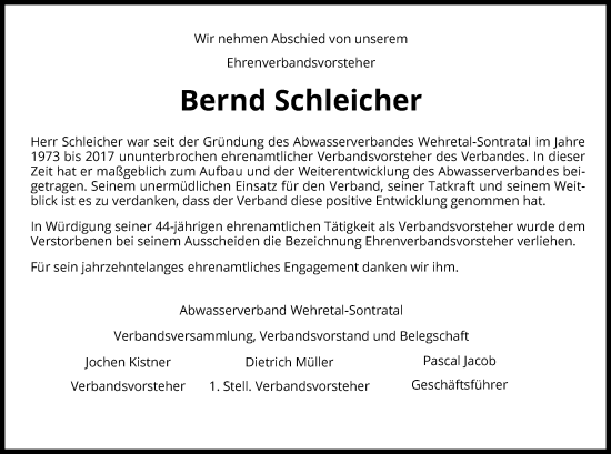 Traueranzeige von Bernd Schleicher von WRS