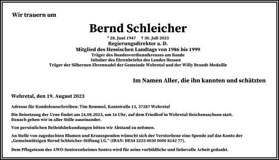 Traueranzeige von Bernd Schleicher von WRS