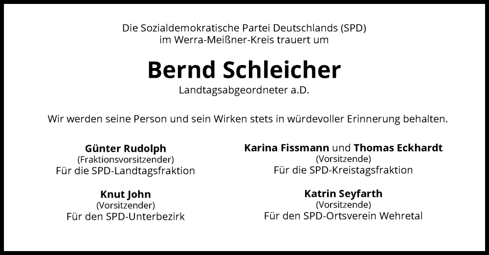  Traueranzeige für Bernd Schleicher vom 23.08.2023 aus WRS