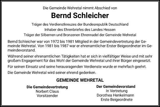 Traueranzeige von Bernd Schleicher von WRS