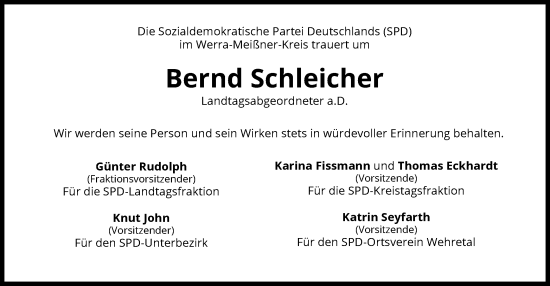 Traueranzeige von Bernd Schleicher von WRS