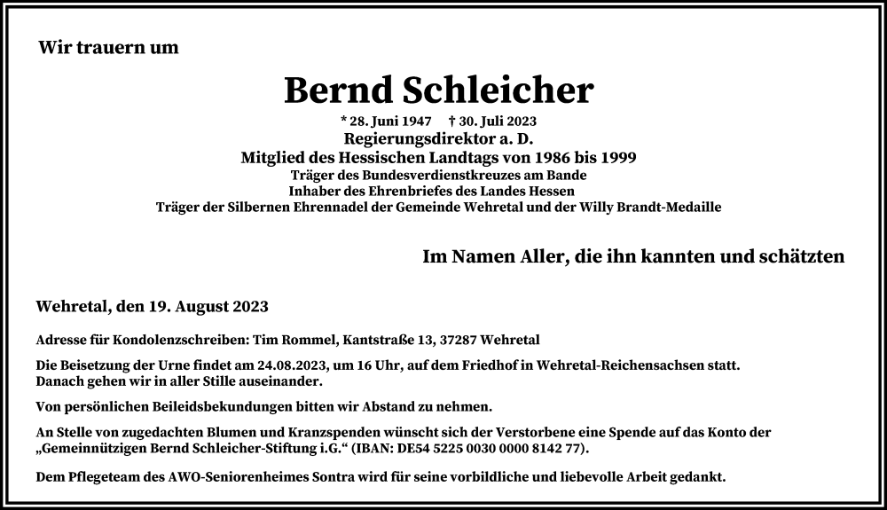  Traueranzeige für Bernd Schleicher vom 19.08.2023 aus WRS