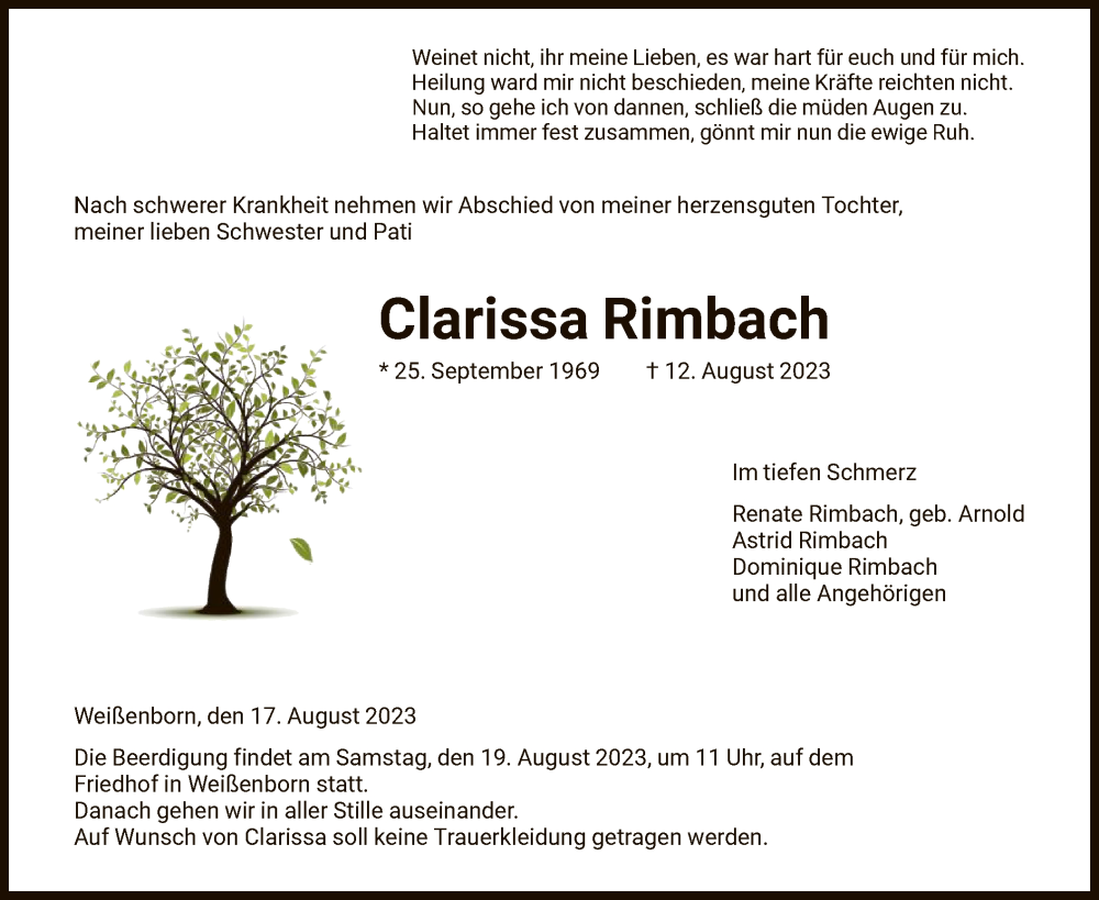  Traueranzeige für Clarissa Rimbach vom 17.08.2023 aus WRS
