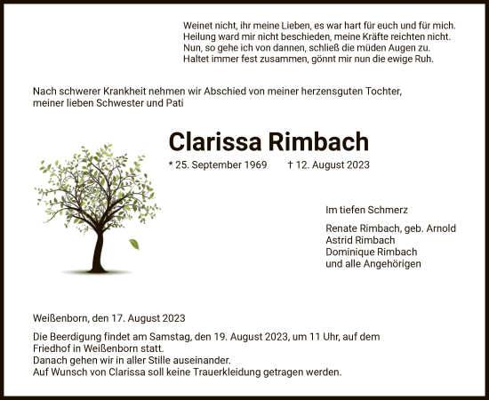 Traueranzeige von Clarissa Rimbach von WRS