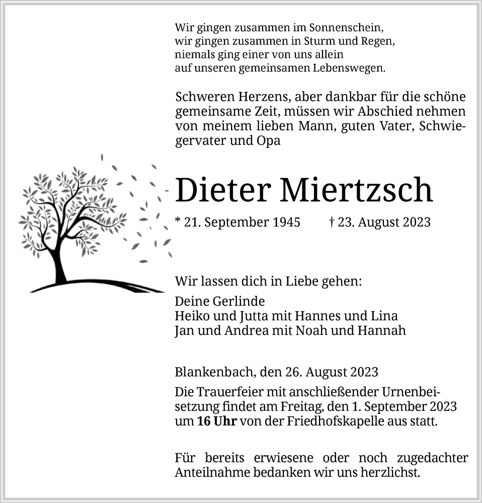  Traueranzeige für Dieter Miertzsch vom 26.08.2023 aus WRS