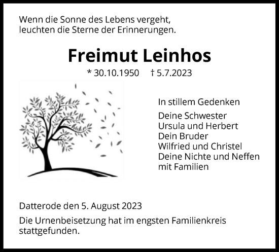 Traueranzeige von Freimut Leinhos von WRS