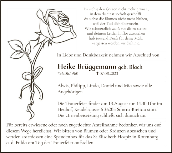 Traueranzeige von Heike Brüggemann von HNA