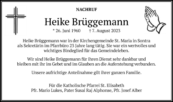 Traueranzeige von Heike Brüggemann von WRS