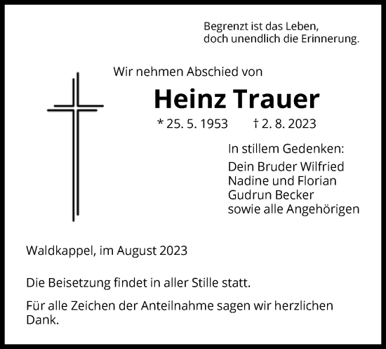 Traueranzeige von Heinz Trauer von WRS