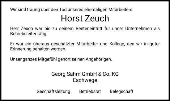 Traueranzeige von Horst Zeuch von WRS