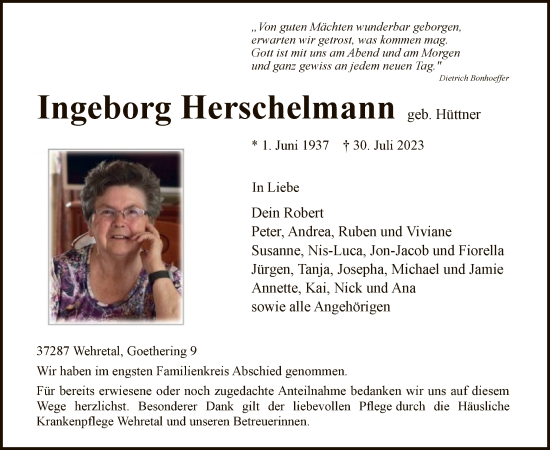 Traueranzeige von Ingeborg Herschelmann von WRS