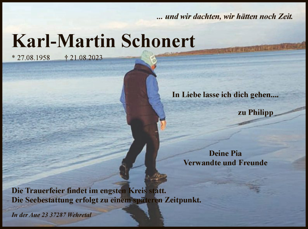  Traueranzeige für Karl-Martin Schonert vom 26.08.2023 aus WRS