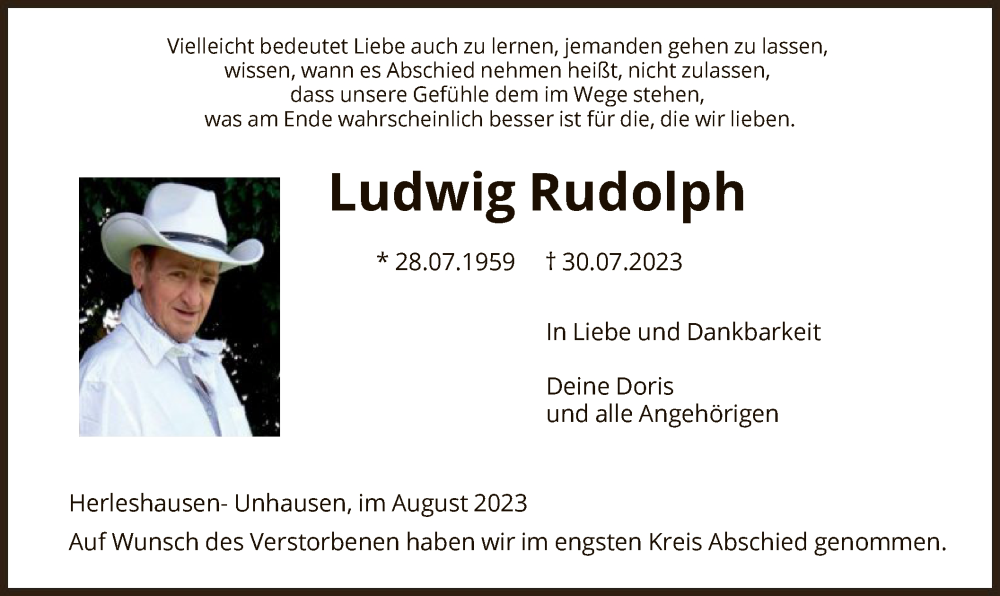  Traueranzeige für Ludwig Rudolph vom 19.08.2023 aus WRS