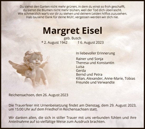 Traueranzeige von Margret Eisel von WRS