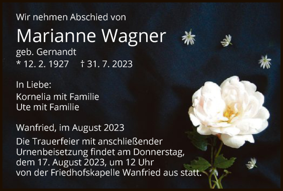 Traueranzeige von Marianne Wagner von WRS