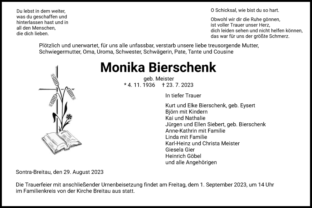  Traueranzeige für Monika Bierschenk vom 29.08.2023 aus WRS