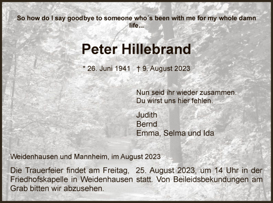 Traueranzeige von Peter Hillebrand von WRS