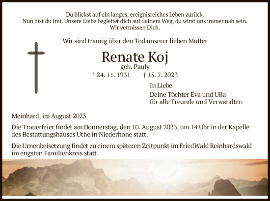 Traueranzeige von Renate Koj von WRS