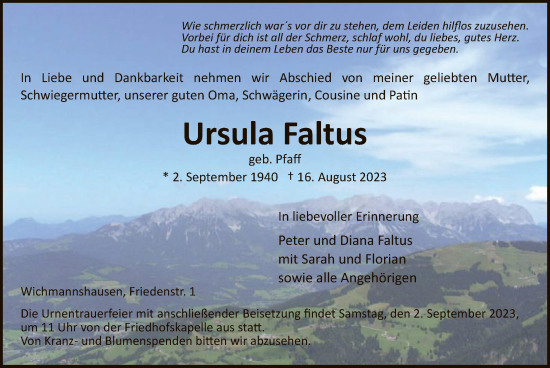 Traueranzeige von Ursula Faltus von WRS