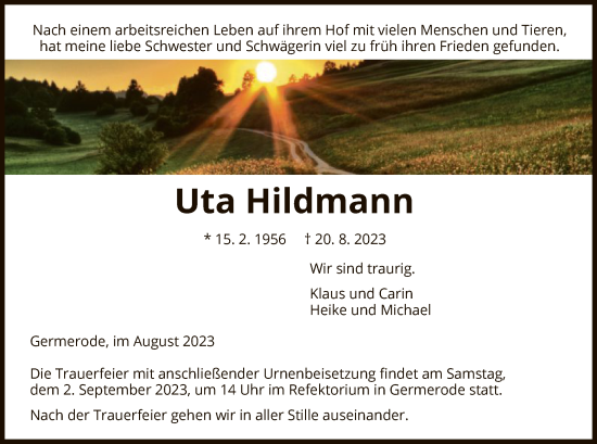 Traueranzeige von Uta Hildmann von WRS