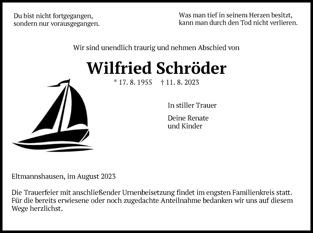  Traueranzeige für Wilfried Schröder vom 19.08.2023 aus WRS