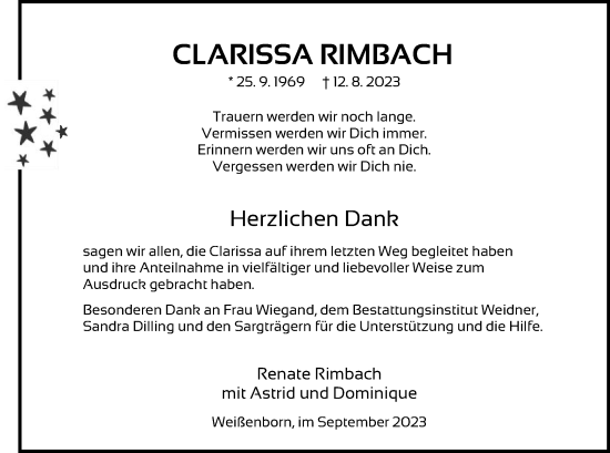 Traueranzeige von Clarissa Rimbach von WRS