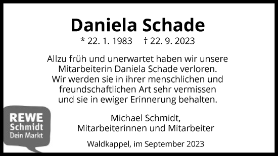 Traueranzeige von Daniela Schade von WRS