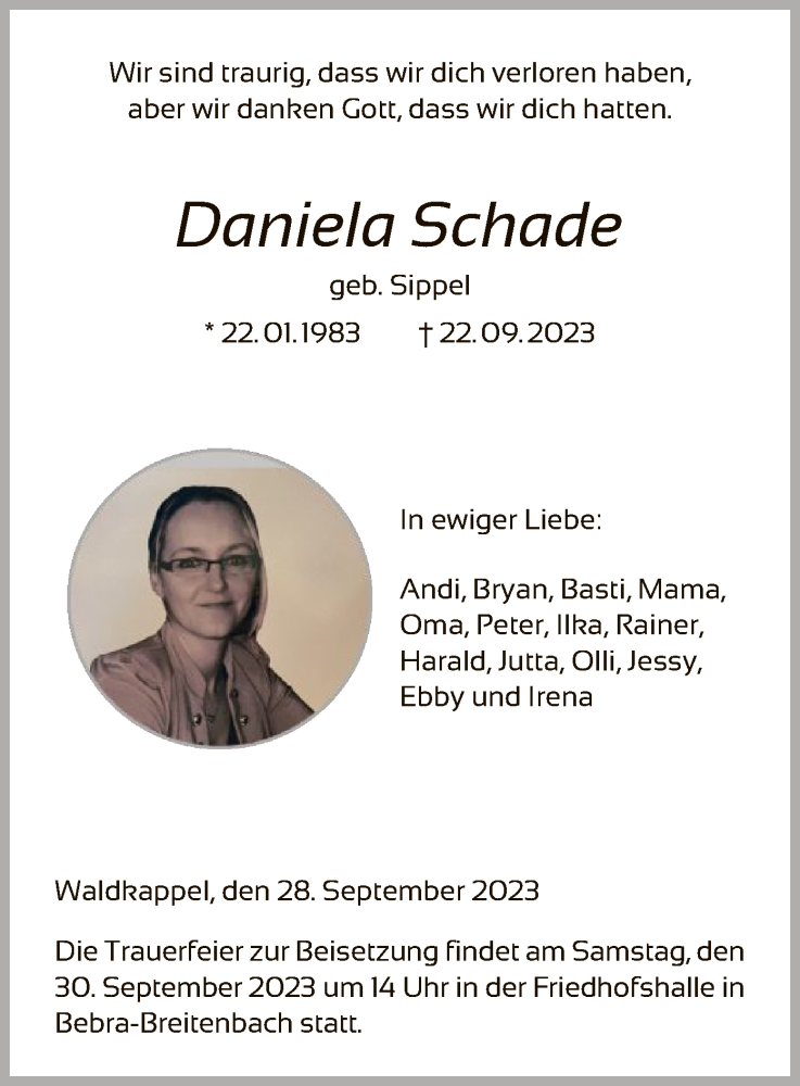  Traueranzeige für Daniela Schade vom 28.09.2023 aus HNAWRS