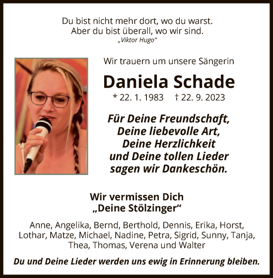 Traueranzeige von Daniela Schade von WRS