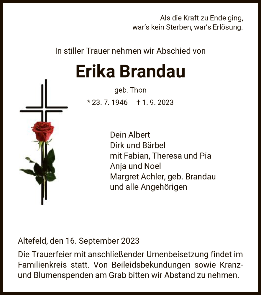  Traueranzeige für Erika Brandau vom 16.09.2023 aus WRS