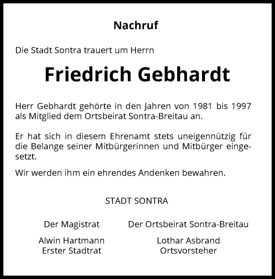 Traueranzeige von Friedrich Gebhardt von WRS