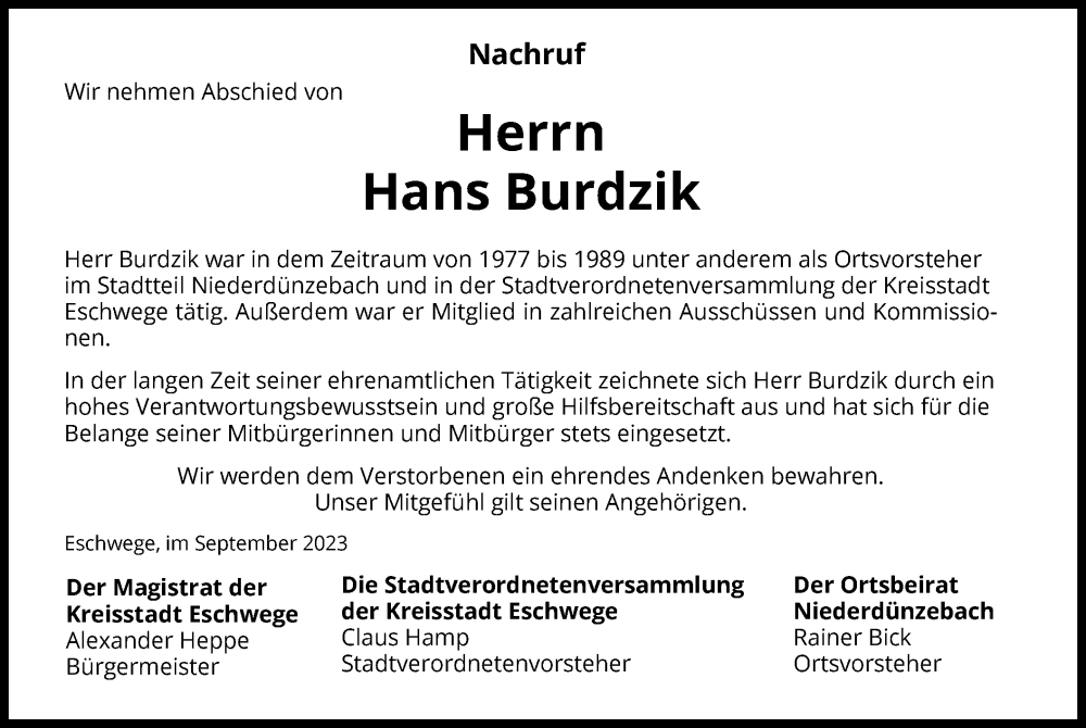  Traueranzeige für Hans Burdzik vom 28.09.2023 aus WRS