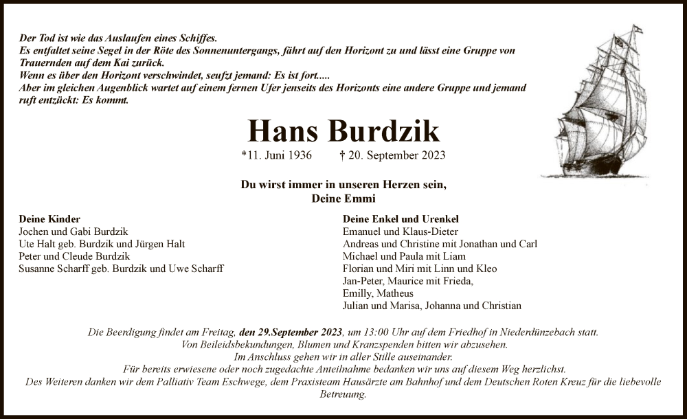  Traueranzeige für Hans Burdzik vom 27.09.2023 aus WRS