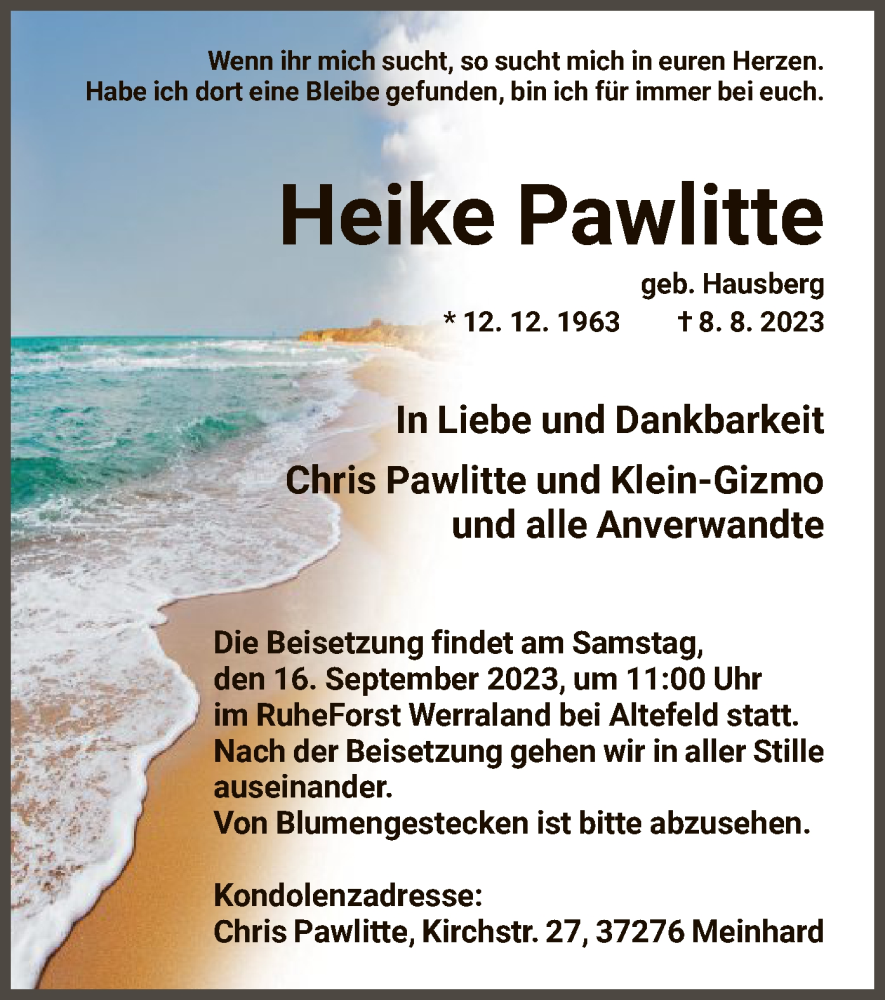  Traueranzeige für Heike Pawlitte vom 13.09.2023 aus WRS