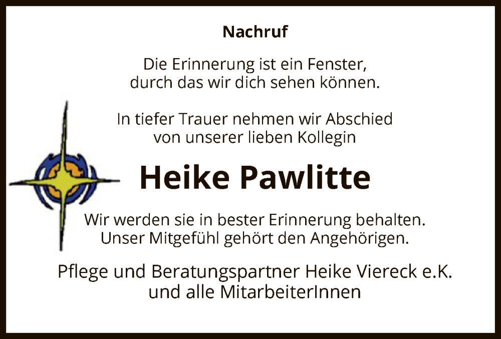  Traueranzeige für Heike Pawlitte vom 30.09.2023 aus WRS