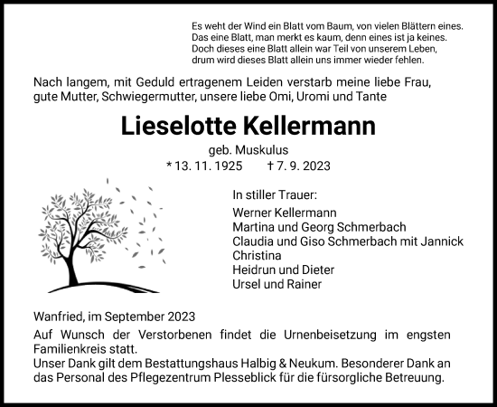 Traueranzeige von Lieselotte Kellermann von WRS