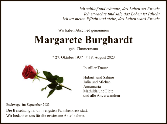 Traueranzeige von Margarete Burghardt von WRS