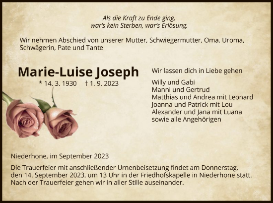 Traueranzeige von Marie-Luise Joseph von WRSWRS