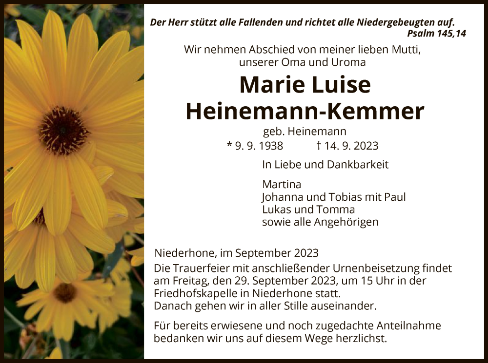  Traueranzeige für Marie Luise Heinemann-Kemmer vom 27.09.2023 aus WRS