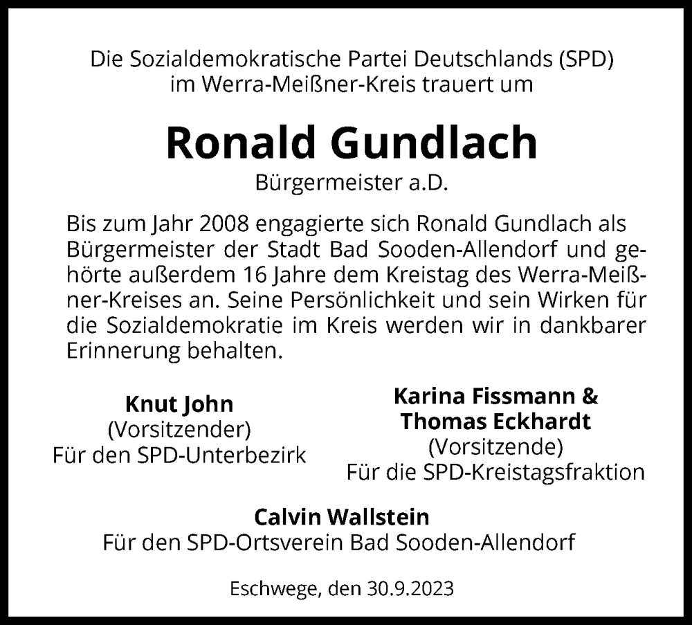  Traueranzeige für Ronald Gundlach vom 30.09.2023 aus WRS