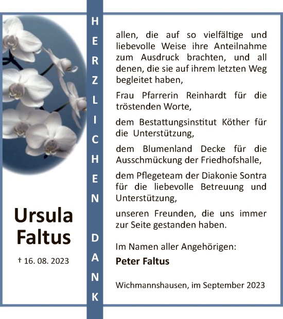 Traueranzeige von Ursula Faltus von WRS