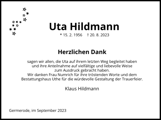 Traueranzeige von Uta Hildmann von WRS