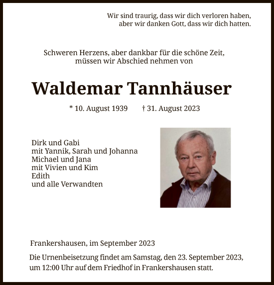 Traueranzeige von Waldemar Tannhäuser von WRS