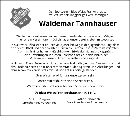 Traueranzeige von Waldemar Tannhäuser von WRS