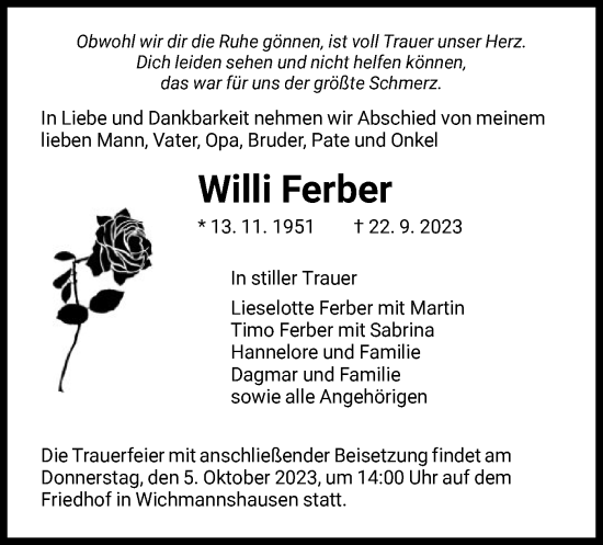 Traueranzeige von Willi Ferber von WRS